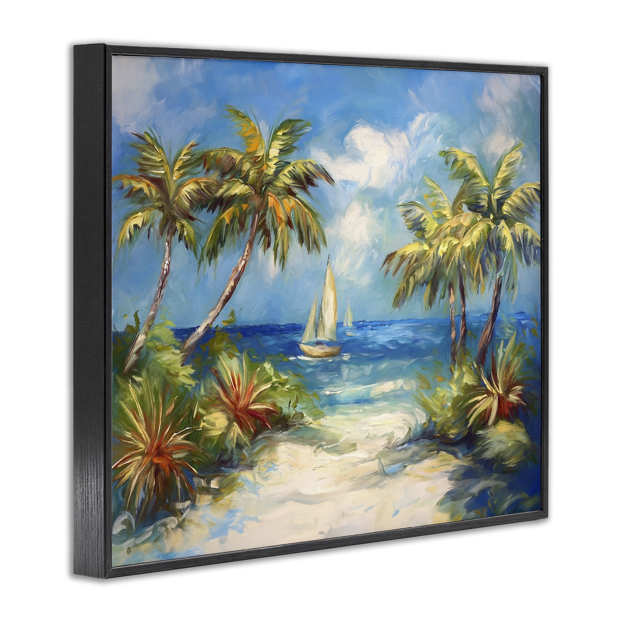 Stupell Industries Tropical Paradise Harbor Coastal Painting Black Framed Art Print Wall Art, 30 x 24