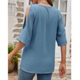 thumbnail image 4 of Camisa de manga corta para mujer, hombros descubiertos, cuello redondo, Color puro, ajuste holgado, blusa informal para mujer para compras diarias, azul grisáceo S, 4 of 6