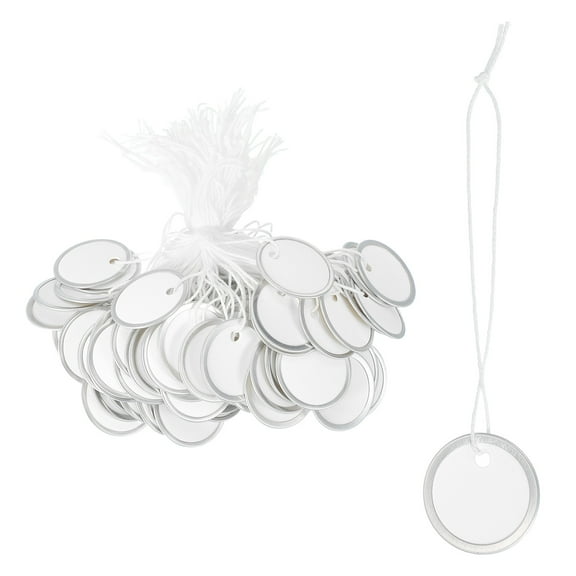 Uxcell Metal Rim Key Tags Blank Round Paper Tags Bulk Writable Keychain Identifiers with Knotted String White