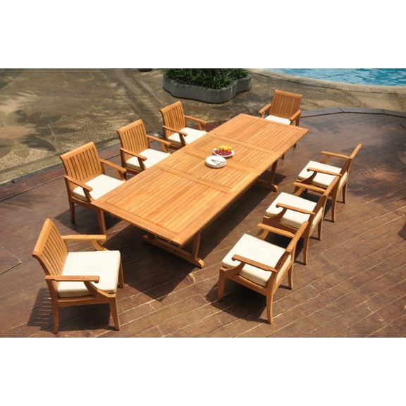 Grade-A Teak Dining Set: 8 Seater 9 Pc: 118" Double Extension Mas Rectangle Trestle Leg Table And 8 Lagos Arm Chairs Outdoor WholesaleTeak #WMLG16