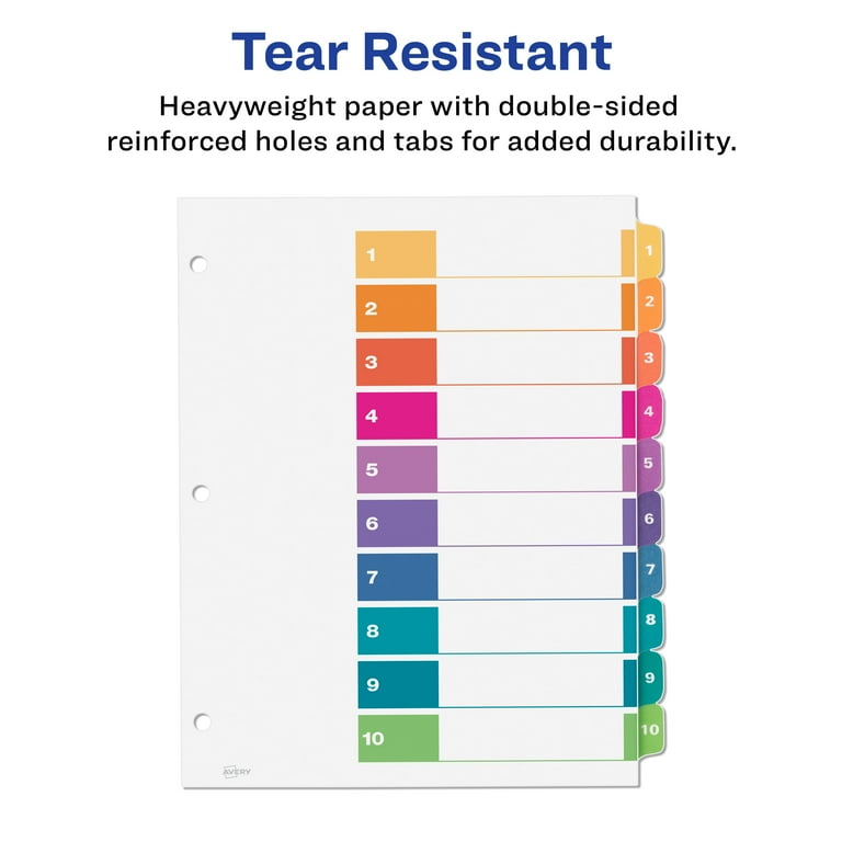 Avery 10-Tab Color-Coded Page Insert Dividers, Customizable TOC