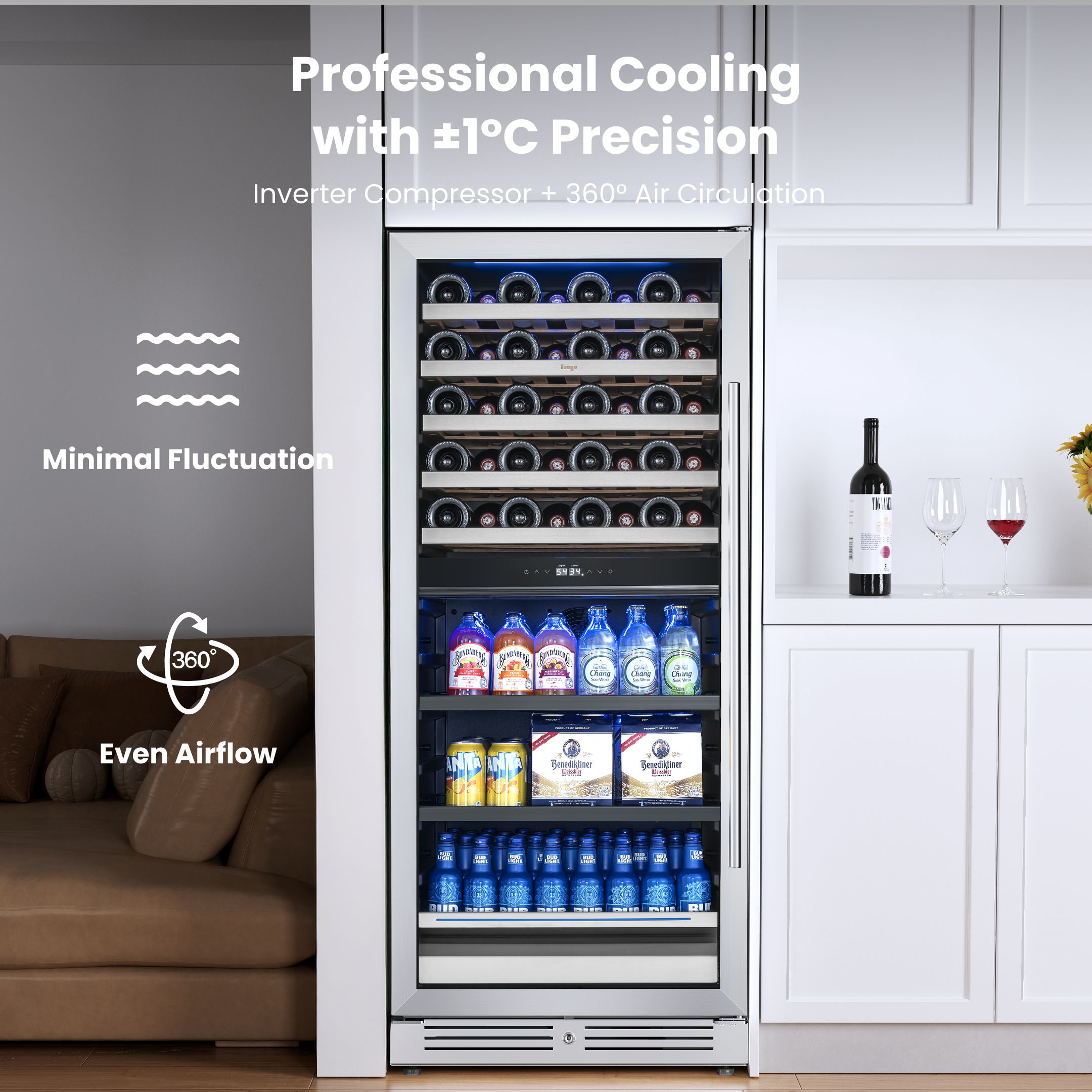 Yeego 24 Inch Wine and Beverage Refrigerator, Built-In Dual Zone Holds 40 Bottles & 112 Cans Full Size Fridge for Home, Bar, Office(Right-Opening)