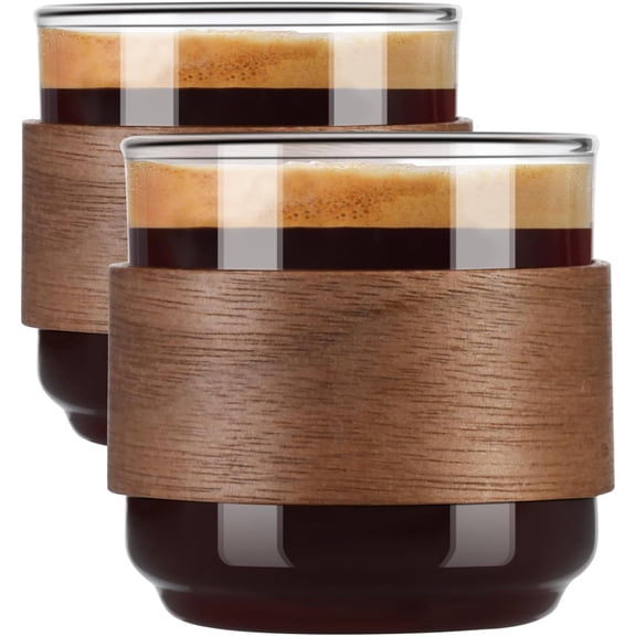 Ratrabas Espresso Cups Set of 2 with Wooden Ring, 5oz High Borosilicate