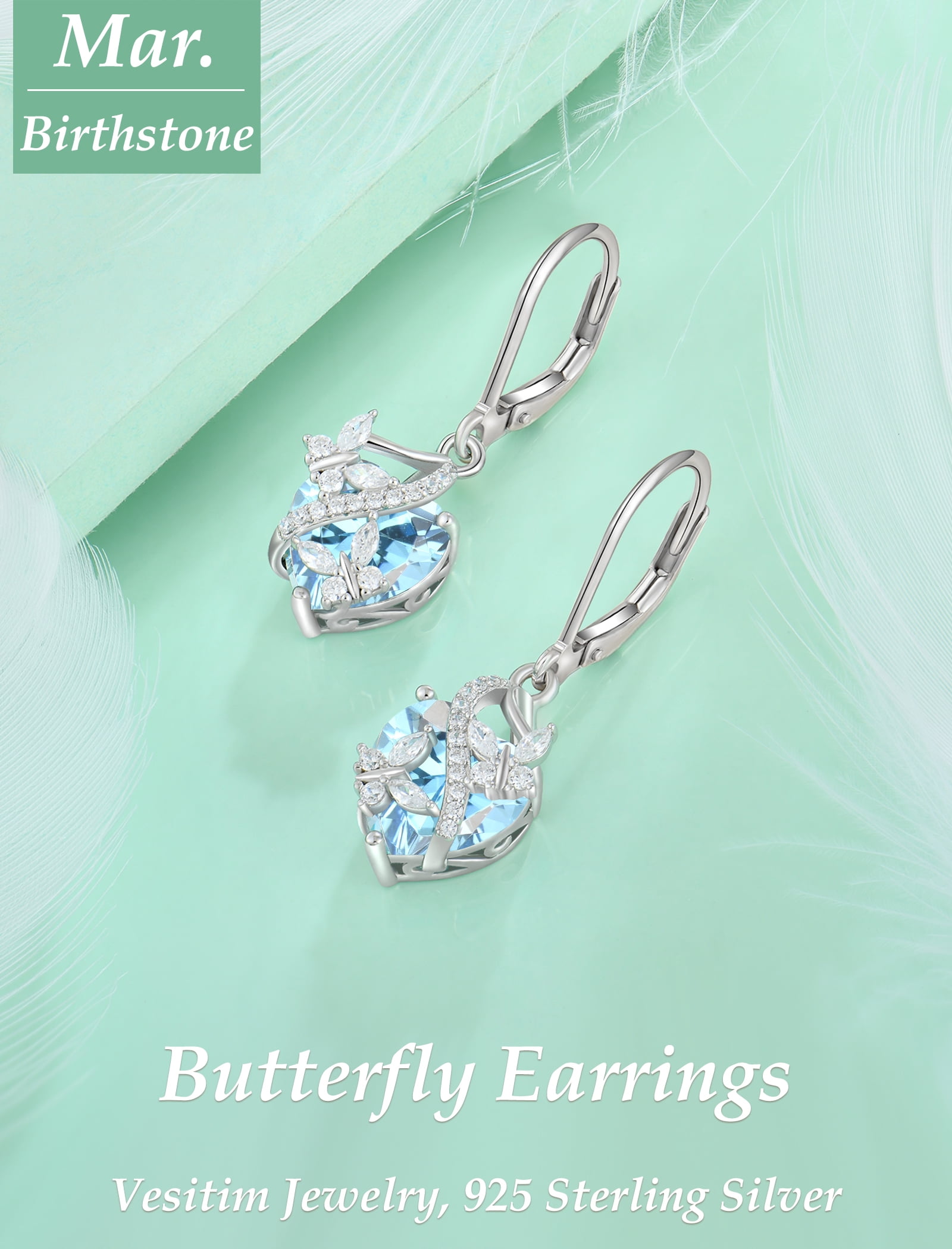 VESITIM 925 Sterling Silver Butterfly Dangle Earrings for Women March Birthstone Aquamarine Butterfly Earrings Jewelry Gift
