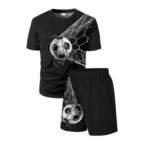 Teen Boys' Casual Short Sleeve T-Shirt and Shorts Set with Football Pattern, 2Pcs Quick Dry Mesh Clothes for Summer Outdoor