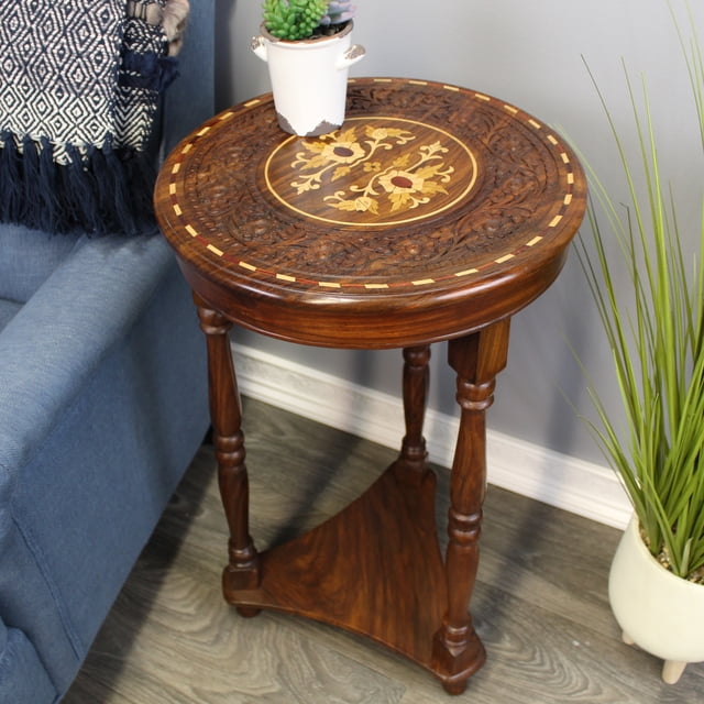 Natural Geo Table d'Appoint Florale Sculptée en Bois Décoratif