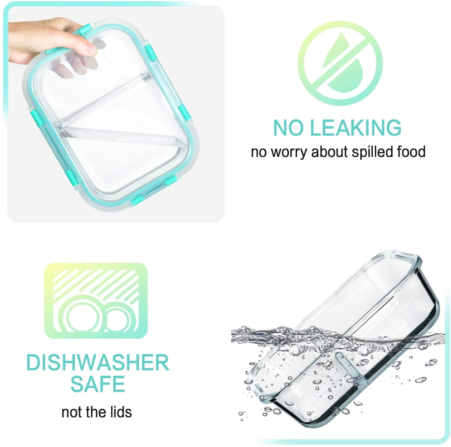 Glass Food Storage Containers with Lids, 36 Oz 5-Pack, Glass Meal Prep Containers Two Compartments, BPA-Free and Leak-Proof