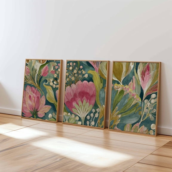 Botanical Wall Art Vintage Protea Floral Prints Green Pink Nature Living Room Bedroom Decor Set 3 Unframed Paper Print 8x12
