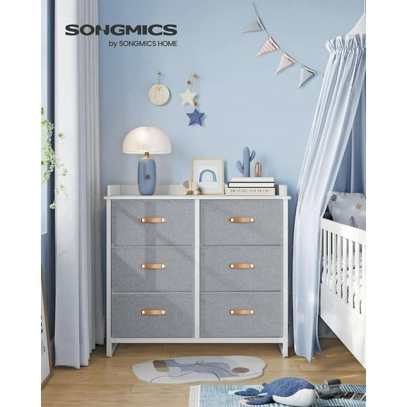 SONGMICS Kids Dresser with 6 Drawers, Boys Girls Dresser, with Water-Resistant Tabletop, Storage Organizer Cabinet, for Bedroom Hallway, Gray
