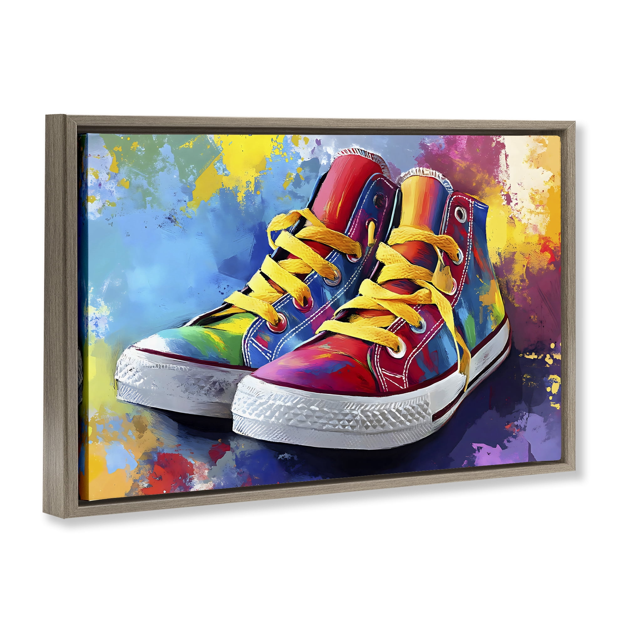 Stupell Industries High Tops with Yellow Laces Brown Framed Floater Canvas Wall Art, design by Creative Studio
