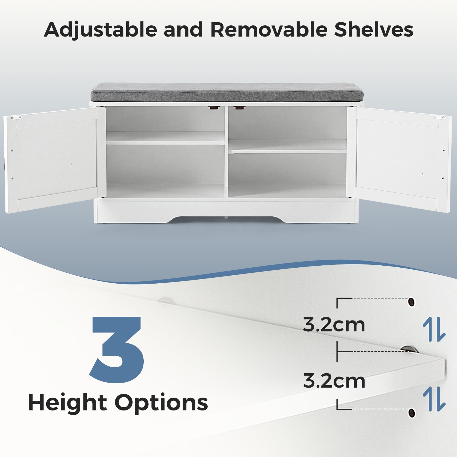Hommoo Wooden Shoe Storage Cabinet with Cushioned Seat, 39-inch Modern Entryway Organizer for Living Room, Hallway & Bedroom, White & Gray