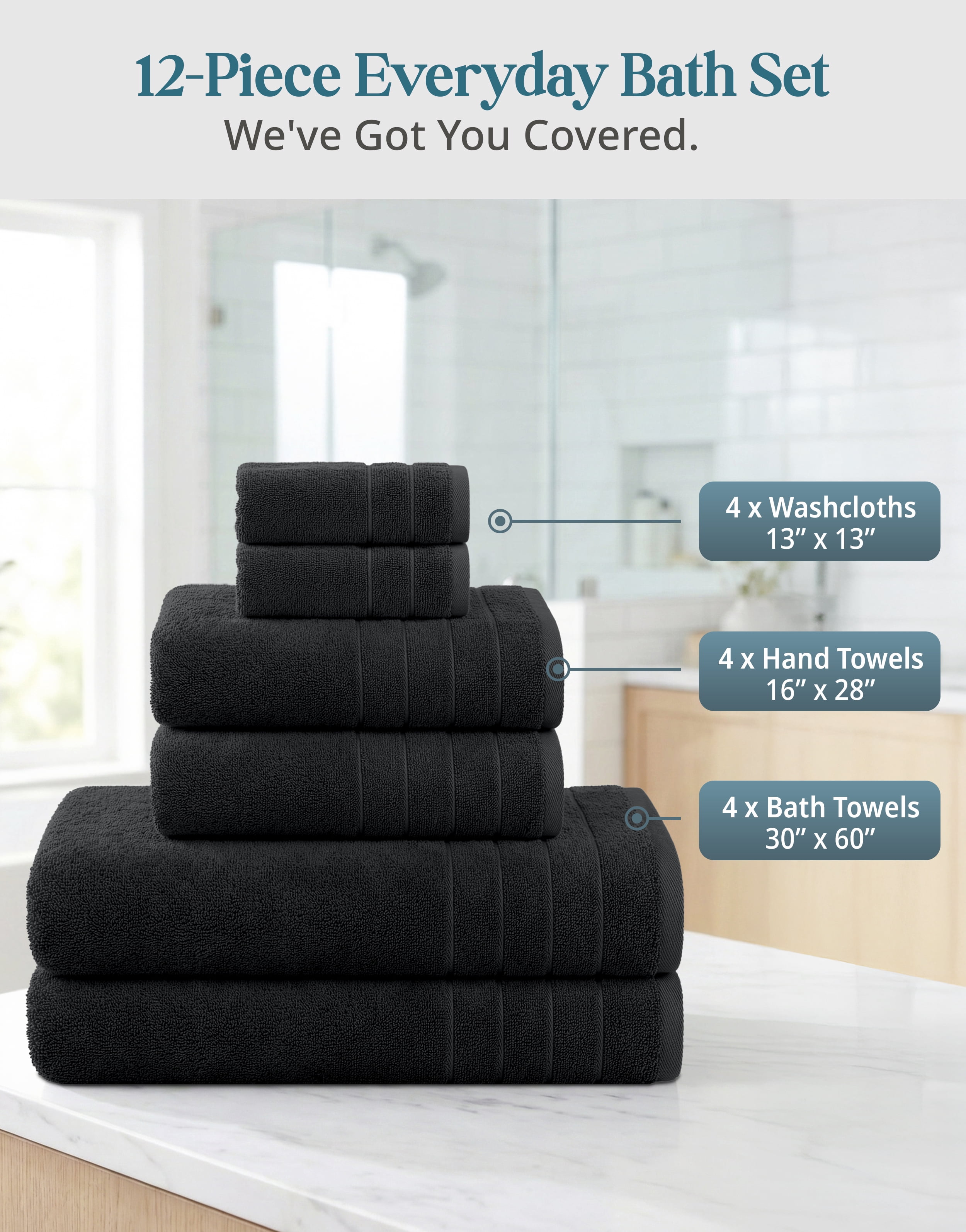 Casa Platino 12 Piece 100% Cotton Towel Set - Includes Bath Towels, Hand Towels & Washcloths - Soft & Durable Towels for Everyday Use - Black