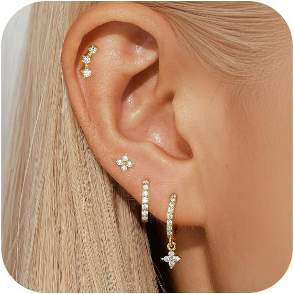 Gold Earrings Set For Women, 14K Gold Plated Hoop Stud Jacket Earring Stacks For Women, Hypoallergenic Cubic Zirconia Huggie Studs Cartilage Earrings, Trendy Earrings For Women 2024[Z1]