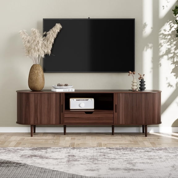 71" Fluted TV Stand with Power Outlet for TVs up to 80", TV Console with Adjustable Shelves and Sliding Door,Mid Century Modern Entertainment Center for Living Room,Bedroom (Walnut)