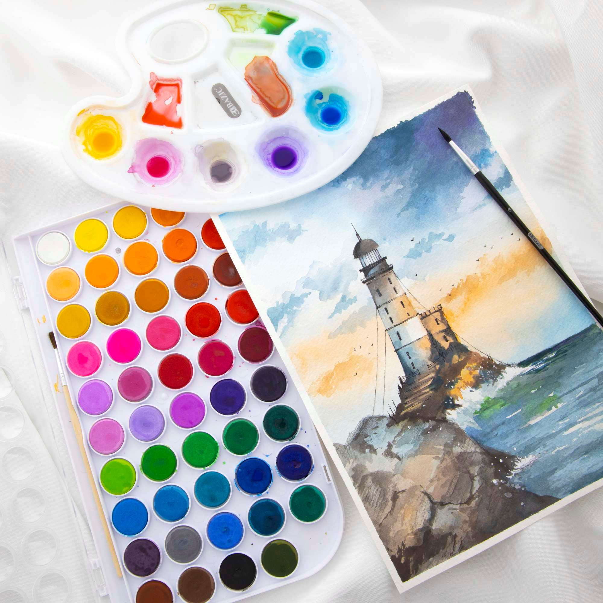 BAZIC Watercolor w/ Brush & Mixing Palette, 48 Color Non-Toxic Paint Set, 2-Pack