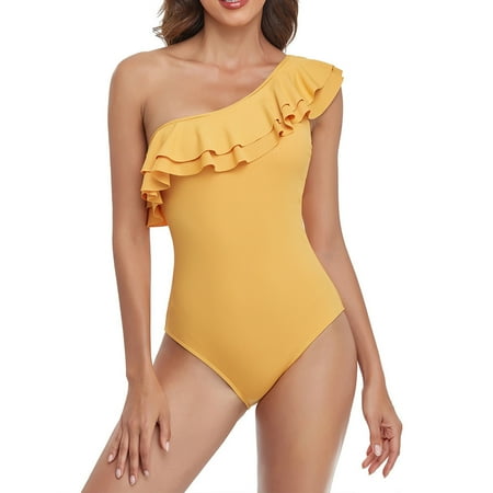 

Finelylove Swimsuit Women Tummy Control Padded Sport Bra Style Bikini Yellow L