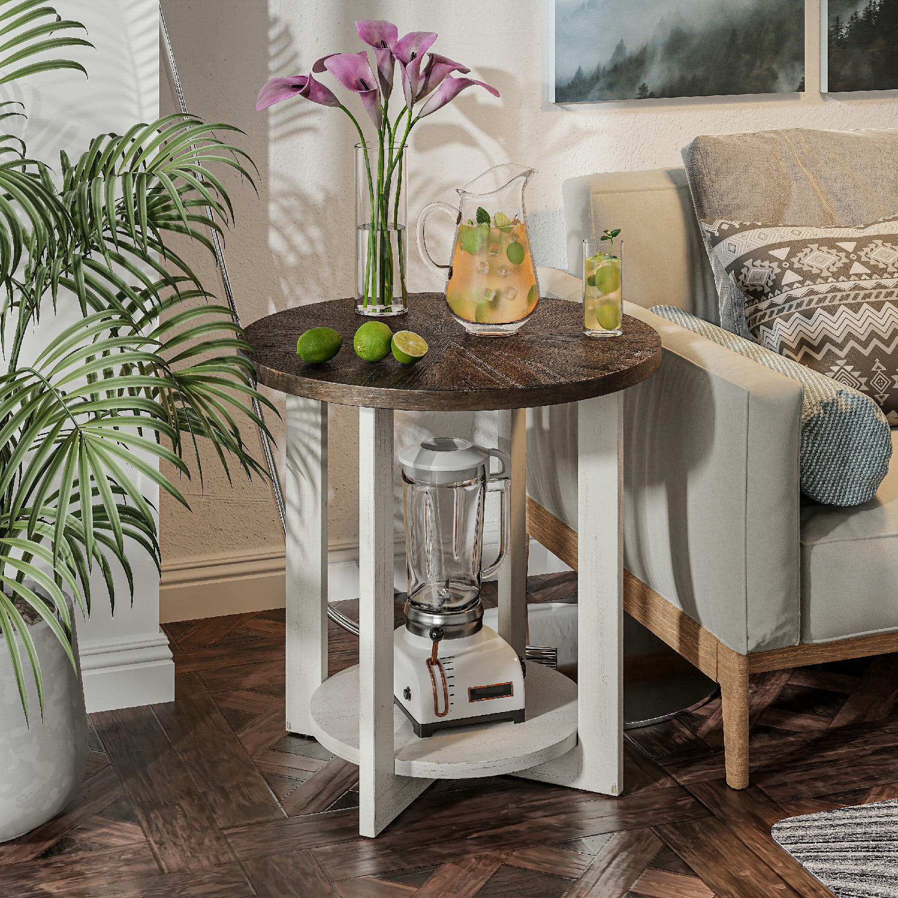 COZAYH Round Wood End Tables with Storage, Rustic Farmhouse Accent Table with Distressed Wood Top, Circle Table for Living Room, 24Dx24Wx24H in