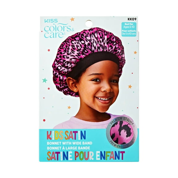 KISS Colors & Care Kids High Quality Satin Wide Band Bonnet – Pink Leopard