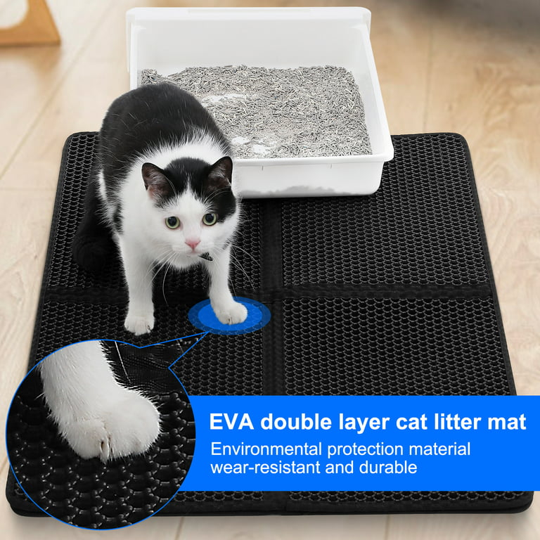 Cat Litter Mat,Litter Box Mat,Honeycomb Double Layer Litter Trapping Mat, Waterproof Urine Proof Kitty Litter Mat,Easy Clean Scatter Control  (32.28''X24.8'', Black) 
