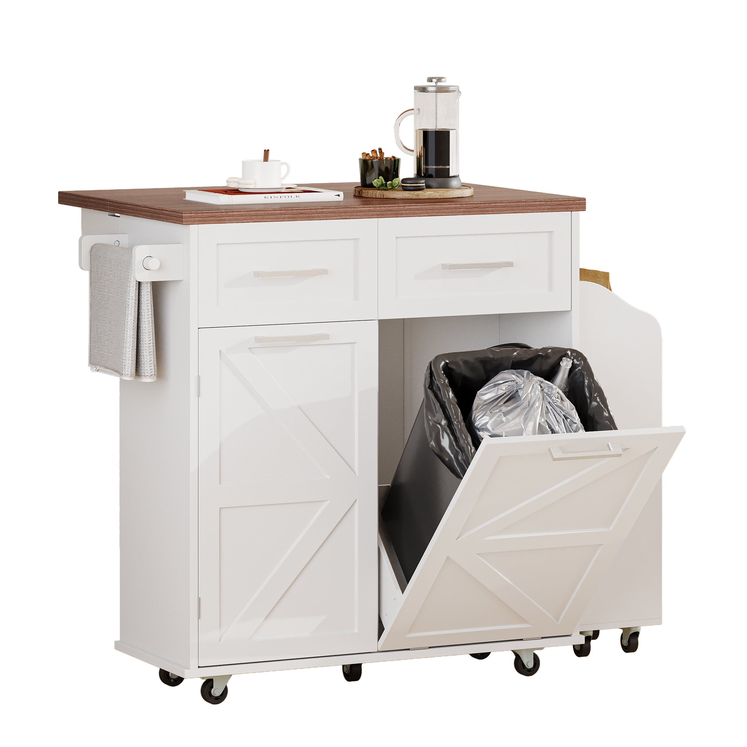 Euroco 47.2" Farmhouse Kitchen Island with Drop Leaf, Kitchen Storage Island with Removable Side Racks, Two Drawers, Rolling Kitchen Cart on Wheels with Towel Rack