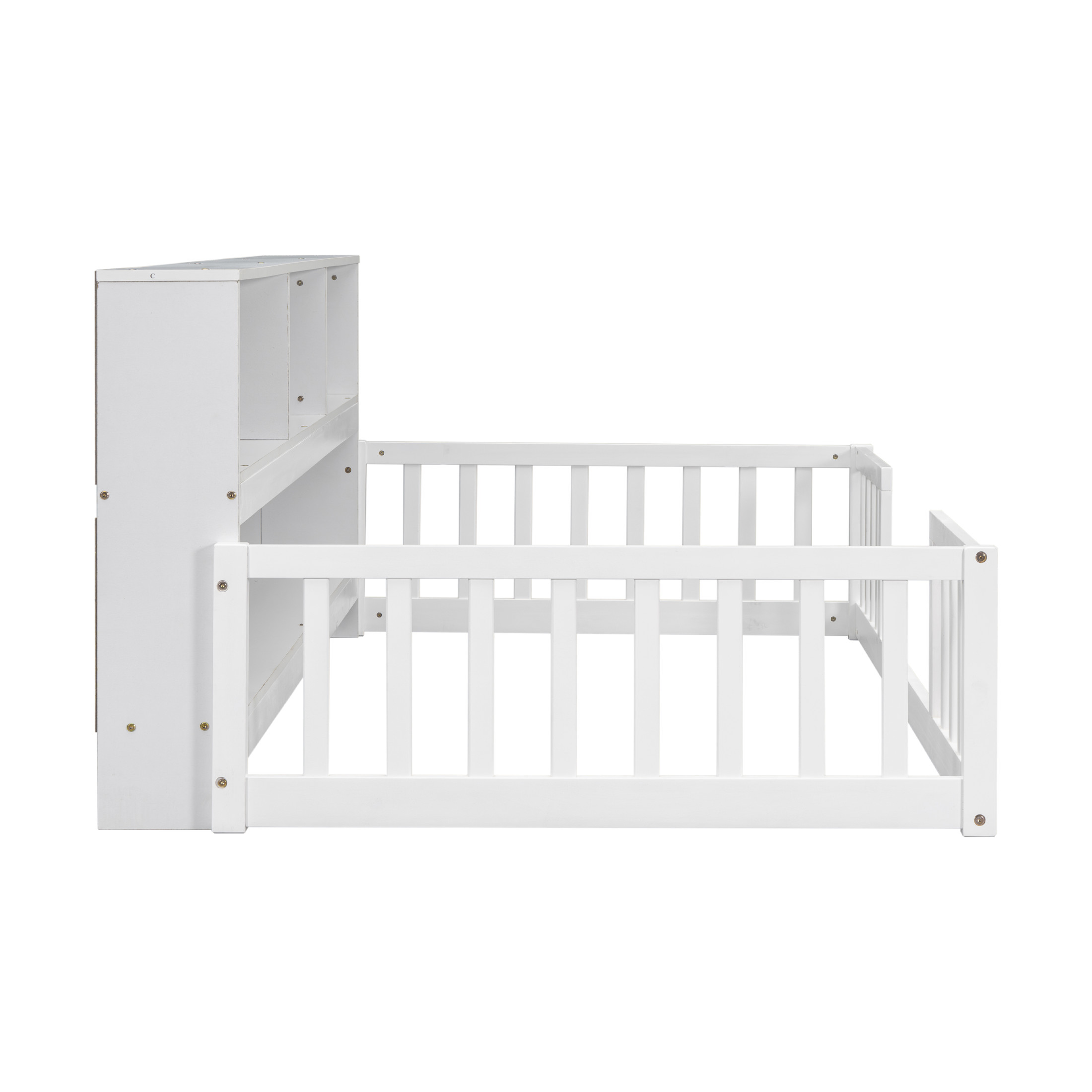 Noble House Lester Twin Size Floor Bed, Pine Wood Frame with Side Bookcase, Shelves, and Guardrails for Kids, White