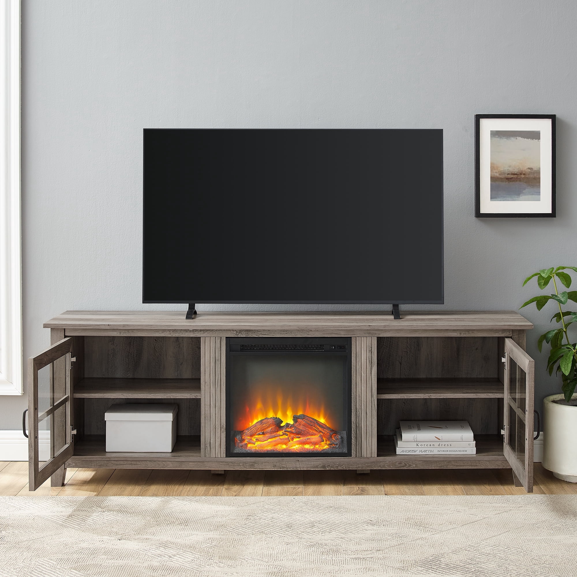 Walker Edison Farmhouse Fireplace TV Stand for TVs up to 80", Grey Wash