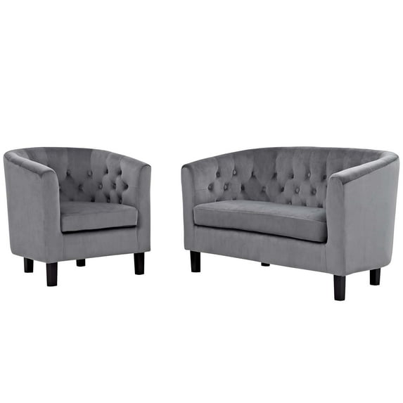 Modern Contemporary Urban Design Living Room Lounge Club Lobby Armchair and Loveseat Sofa Set, Velvet Fabric, Grey Gray