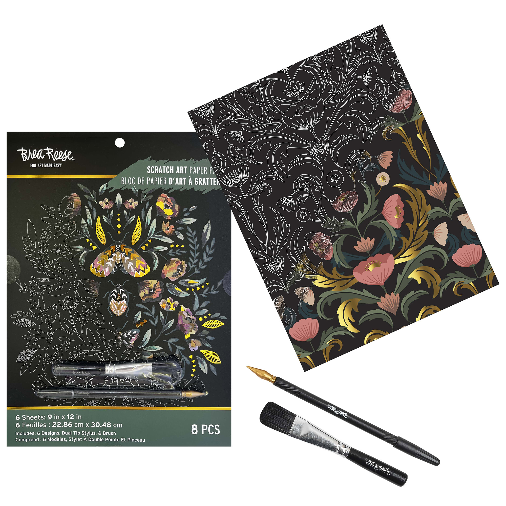 Brea Reese: Scratch Art Paper Pad - Fall Florals - 6 Designs, Guided Art, Metallic Accents, Stylus & Brush, Perforated 9x12" Pages, DIY Adult Craft