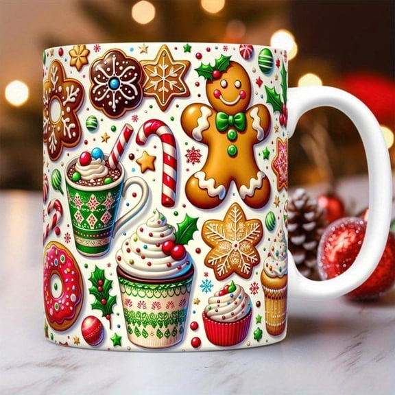 1pc Large 11oz Christmas Mug Festive Gingerbread Man Donuts Cookies Candy Canes Coffee Cup Hot Cocoa Tea Holiday Gifts Holiday Table Decor Hand Wash O
