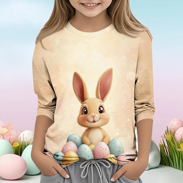 Blusas y camisas de manga larga con cuello redondo para niños con estampado de día de Pascua, manga 3/4/cuello redondo tres cuartos, camisa inferior y superior para niños, parte superior de poliéster