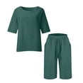 thumbnail image 4 of Ndbuld Women's Linen Shorts Sets 2 Piece Summer Short Sleeve Top and Shorts Sweatsuit Set Vacation Beach Outfits Green M, 4 of 5