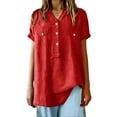 thumbnail image 2 of Ashirexll Tops for Women Trendy, Linen V-Neck Pullover Button Short Sleeve Top for Spring Summer, 2 of 6