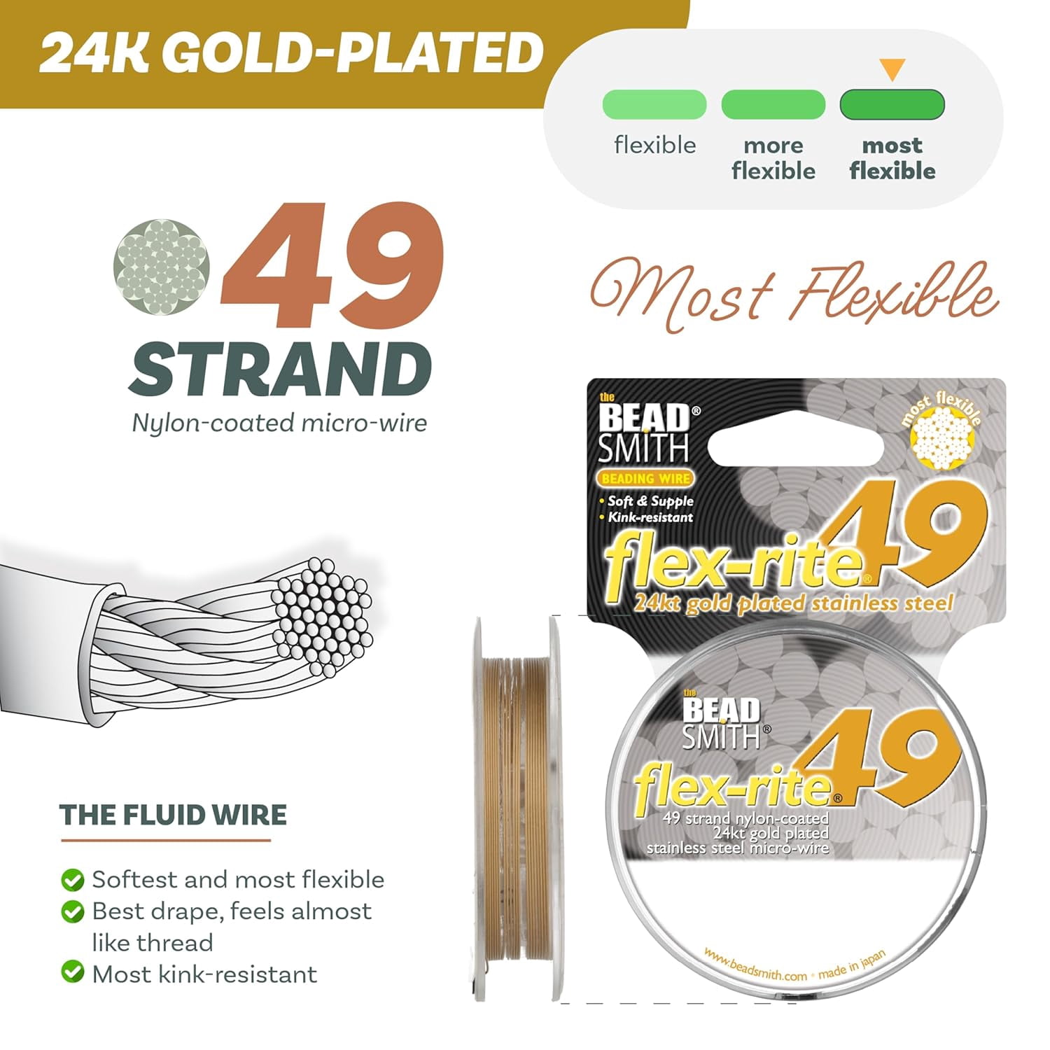 The Beadsmith Flex-Rite Beading Wire - 49-Strand, 0.018" (0.45 mm) Dia, 24k Gold-Plated, 10 ft