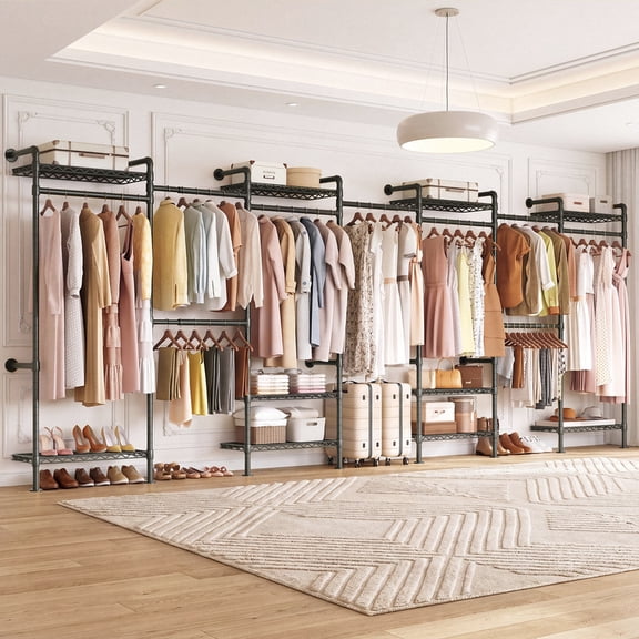 L7 Wall Heavy‑Duty Modular Garment Clothing Rack, Mounted Industrial Pipe Corner Closet System with 9 Hanging Rods, 10 Adjustable Shelves, Large Closet Organizer for Walk‑in Closet, Bedroom, Black