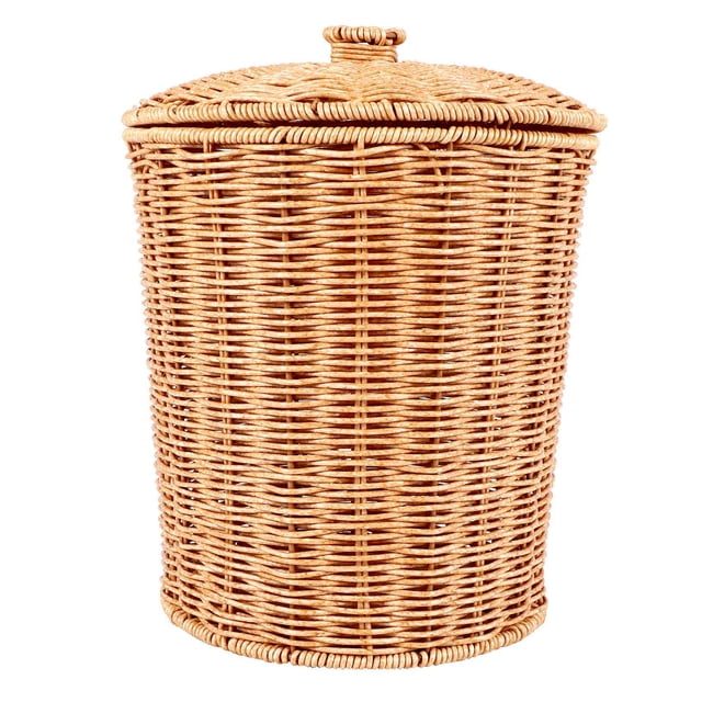 Cesto de Basura Tejido, Cesto de Basura Redondo de RatáN con Tapa, Jardinera, Cestas de Almacenamiento Tejidas, Cesto de Basura de Mimbre