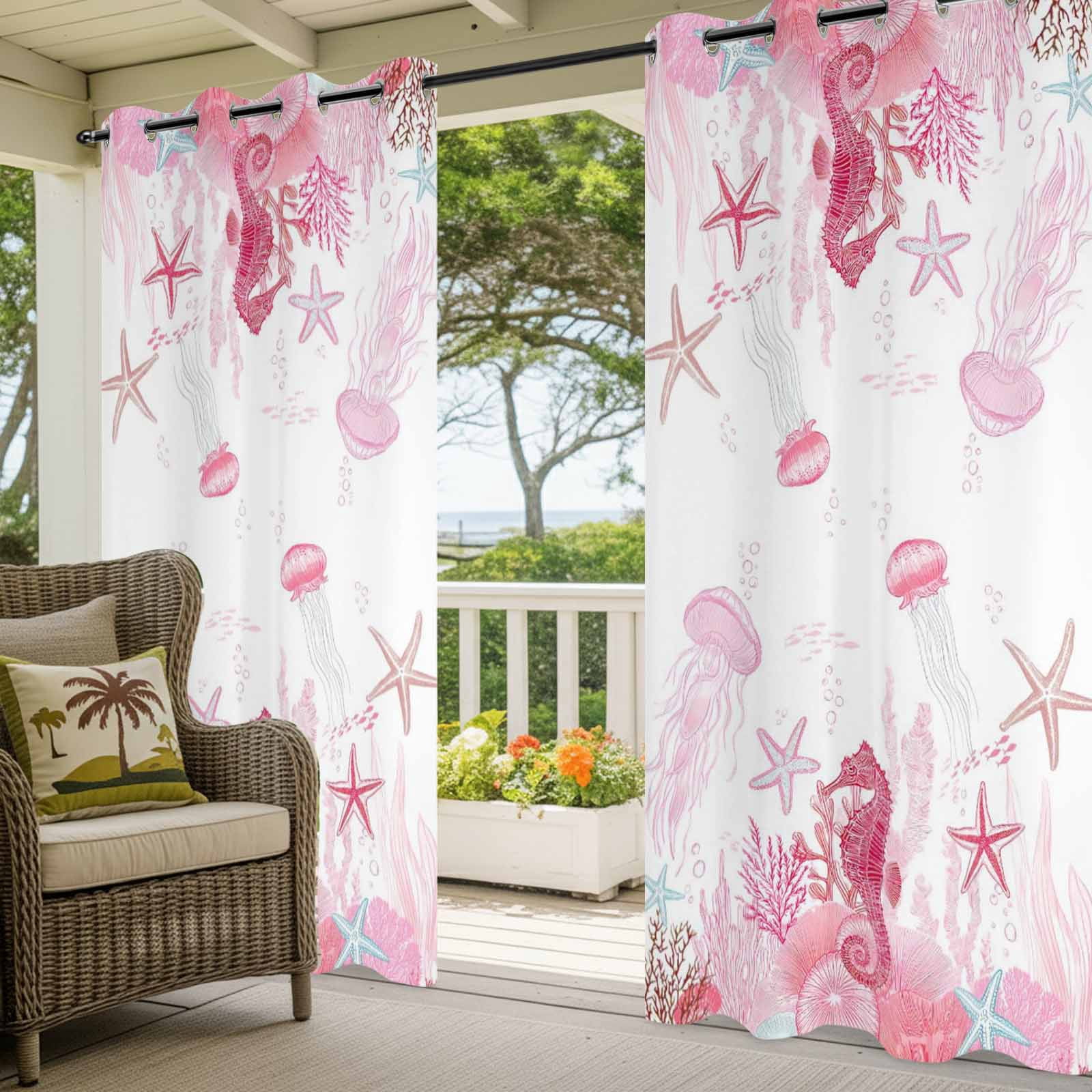 Pink Ocean Outdoor Curtains for Patio, Seahorses Jellyfish Starfish Watercolor Coastal Sunshade Privacy Drapes Grommet Waterproof Outside Curtains for Porch/Cabana/Balcony 54"x 108", 1 Panel