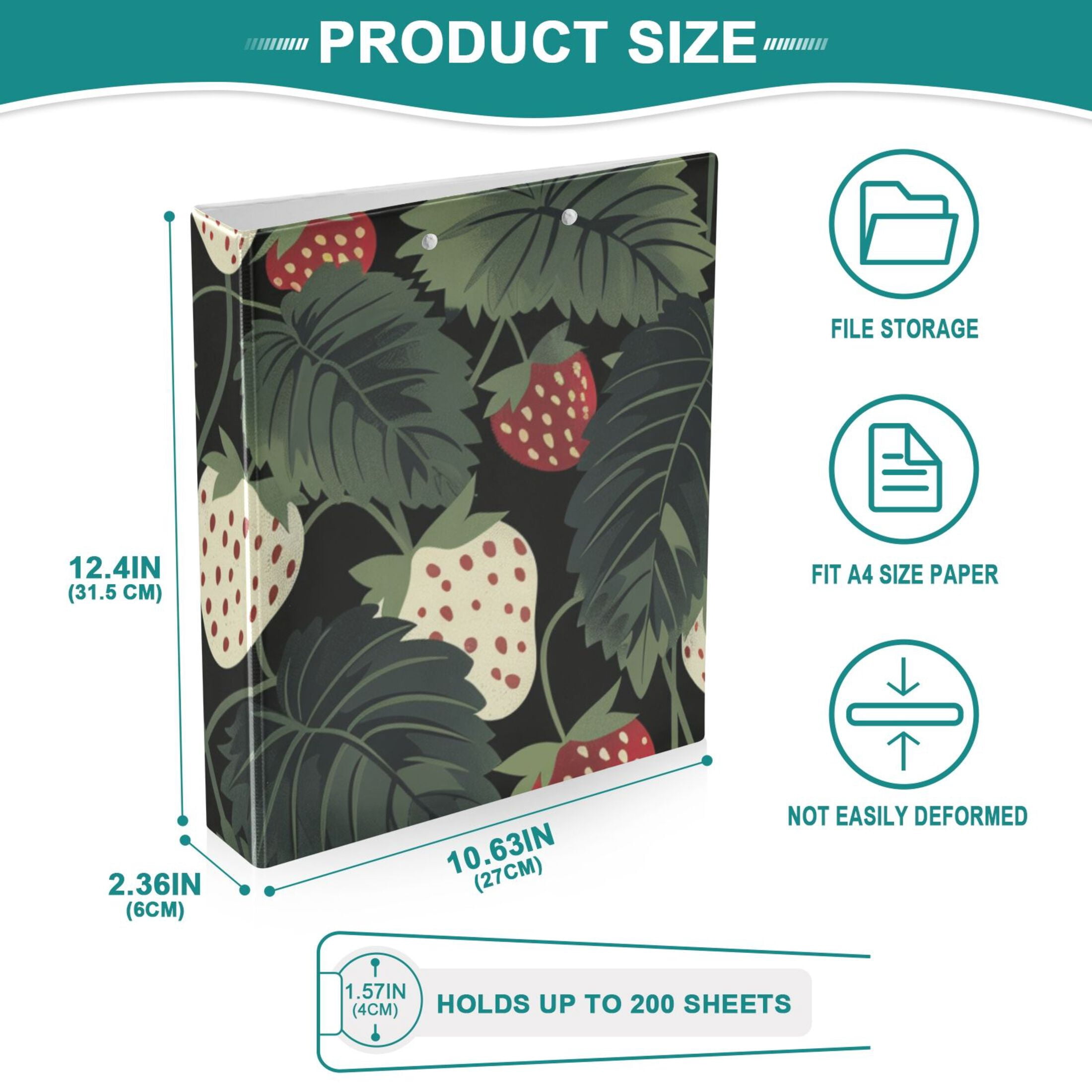 White Strawberries 3 Ring Binders 1.5 inch Hardcover File Folders with Interior Pockets A4 Size Organizer for School Office Hospital