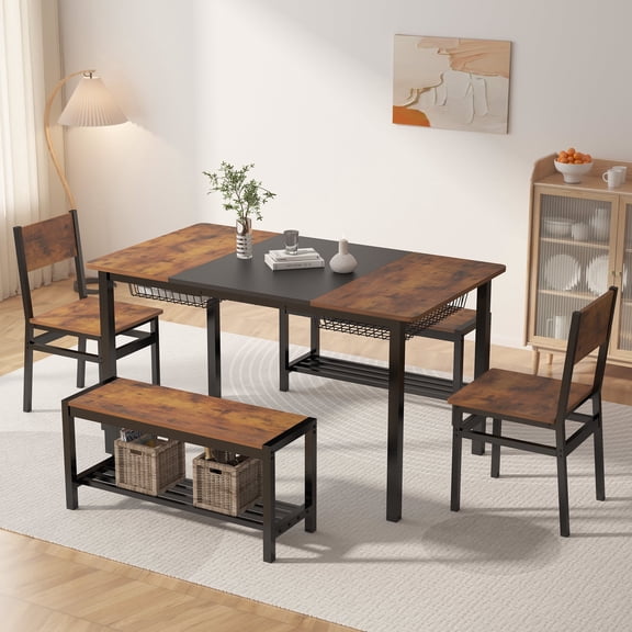 Katalora Dining Table Set for 4-6 People,Industrial Dining Table with 2 Benches and 2 Chairs,Kitchen Table Set with Storage Rack for Dining Room,Saving Space,Rustic Brown