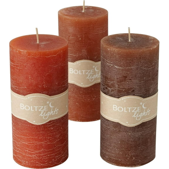 3 Piece Pillar Candle Set, Paraffin Wax, 68 Hours Burn Time, Cotton Wick, 6 Inches, Shades of Marbled Amber, Rustic Brown and Dark Brown