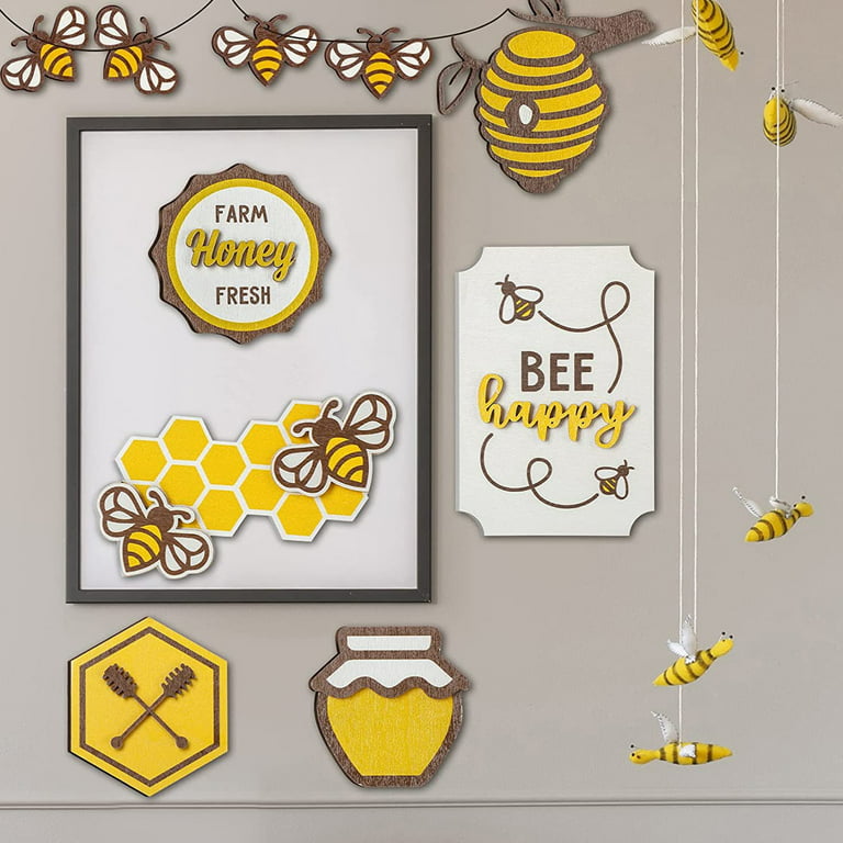 YAblue Bee Decor Farmhouse Wooden Hexagonal Ornaments Honey Bee Tiered Tray Sign Decoration Bee Sign Kitchen Table Decorations Set of 2