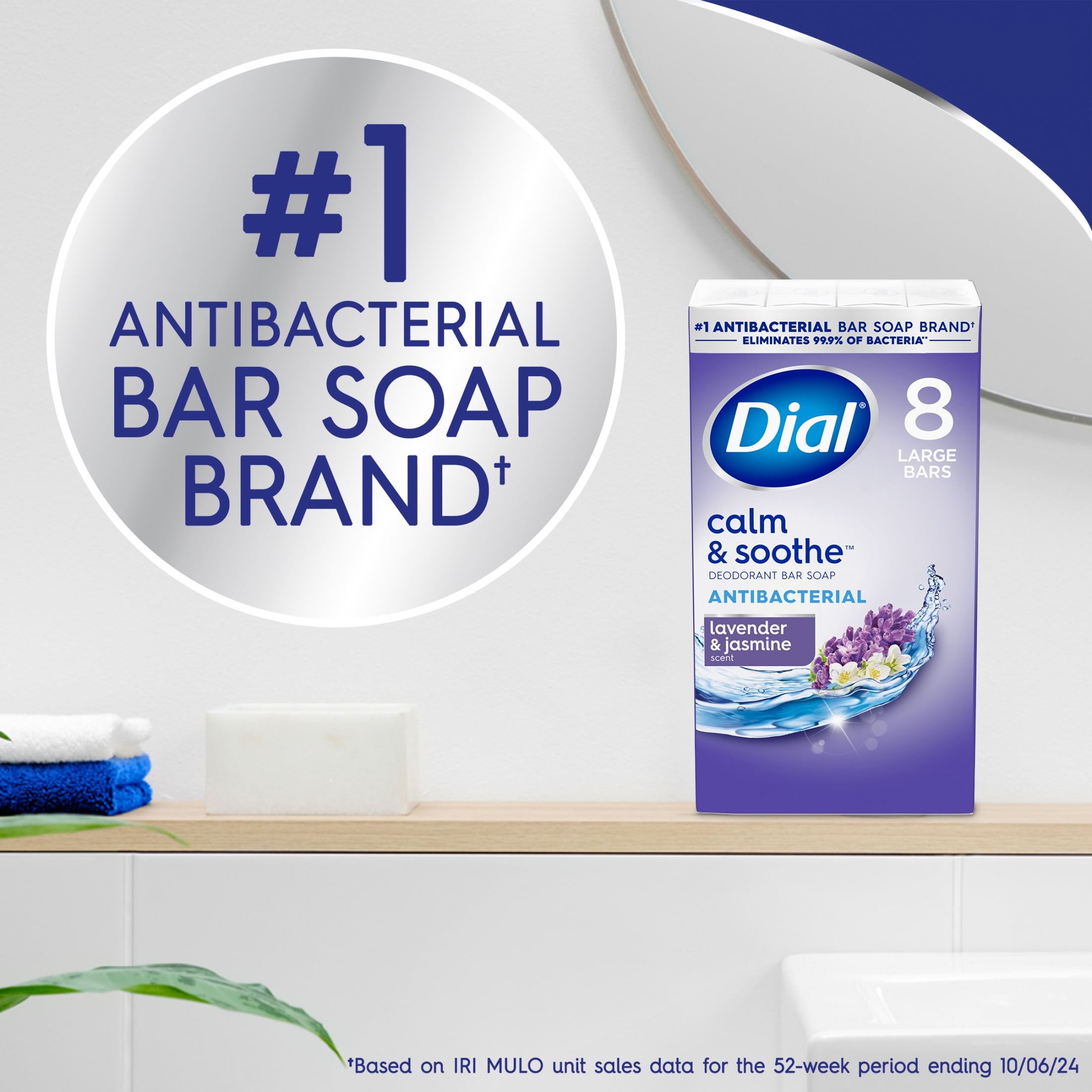 Dial Antibacterial Bar Soap, Calm & Soothe Lavender & Jasmine Deodorant Bar, 4oz (8 Bars)
