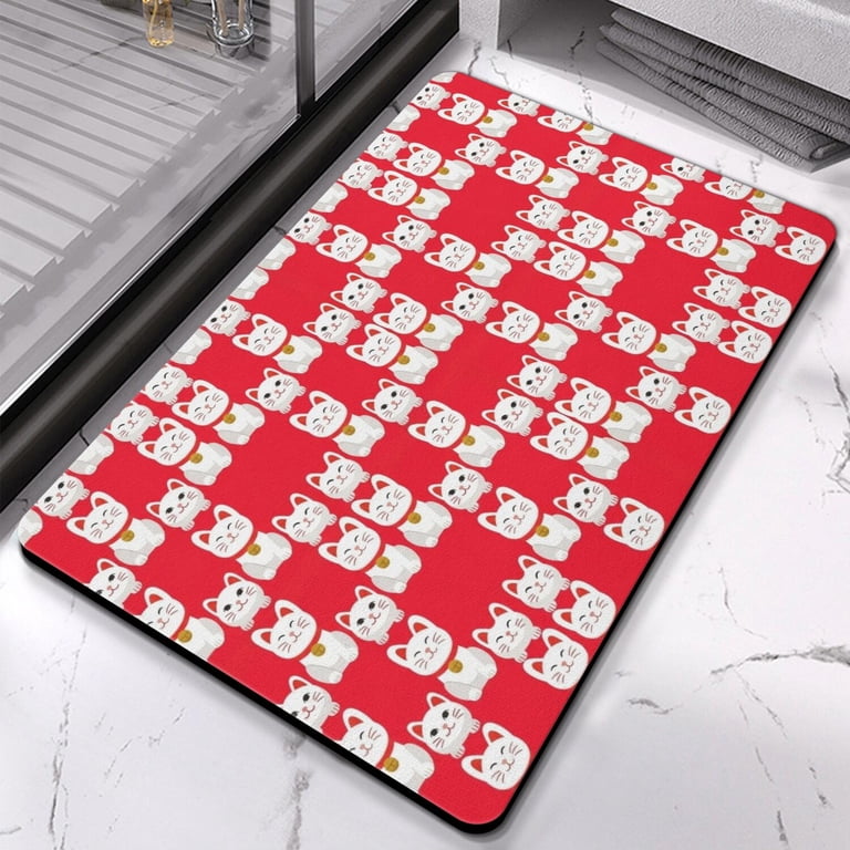 Lucky Cat Red Pattern Diatomite Bath Mat, Stone Bath Rug with Non-Slip ...
