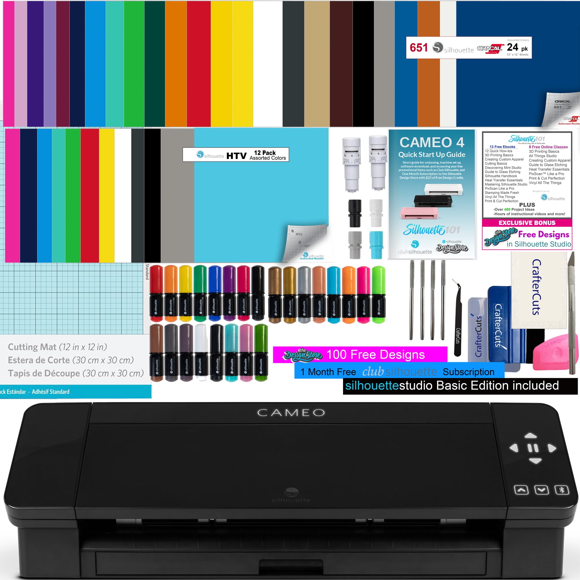 Silhouette Cameo 4 Deluxe Vinyl Bundle with 24 Sheets of Vinyl, 12 sheets  of HTV, 24 Pack pens, Vinyl Tool Kit, 2 Autoblades, and 150 Designs- Black  - Walmart.com