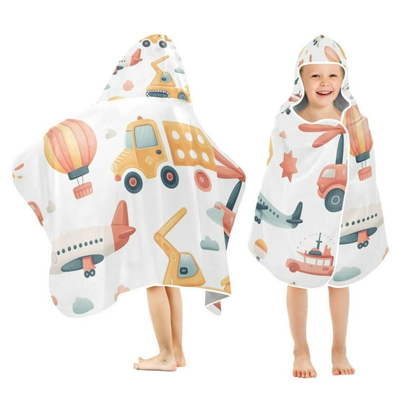 Cute Airplane and Excavator Kids Hooded Beach Towel Baby Bath Poncho Towels with Hood Absorbent 50"x23.5" for Pool Swimming
