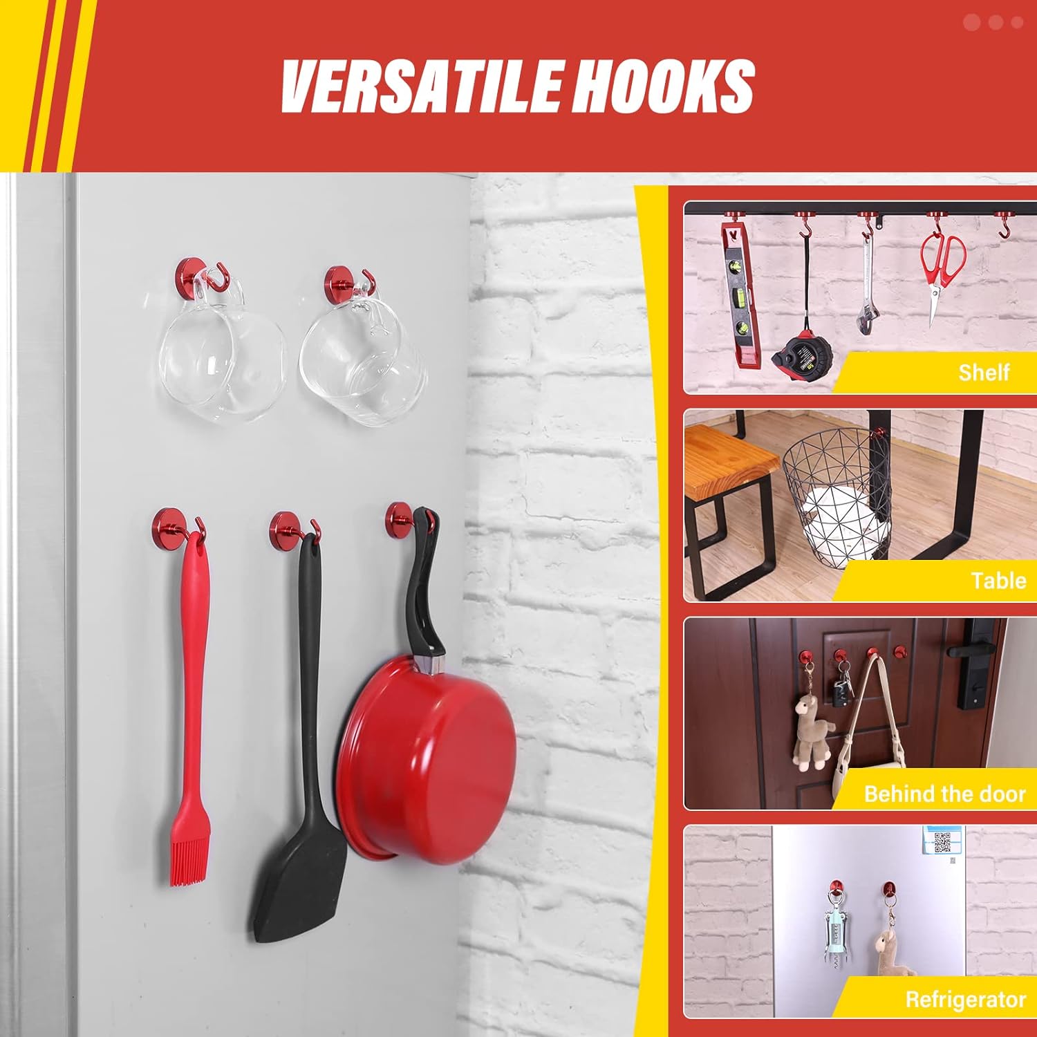 JJEAN-Magnetic Hooks, Heavy Duty 130lb+ Strong Magnet Hook for Cruise Cabins, Cruise Ship Essentials for Hanging, Metal Wall Refrigerator Hangers (Red, 10 Pack)