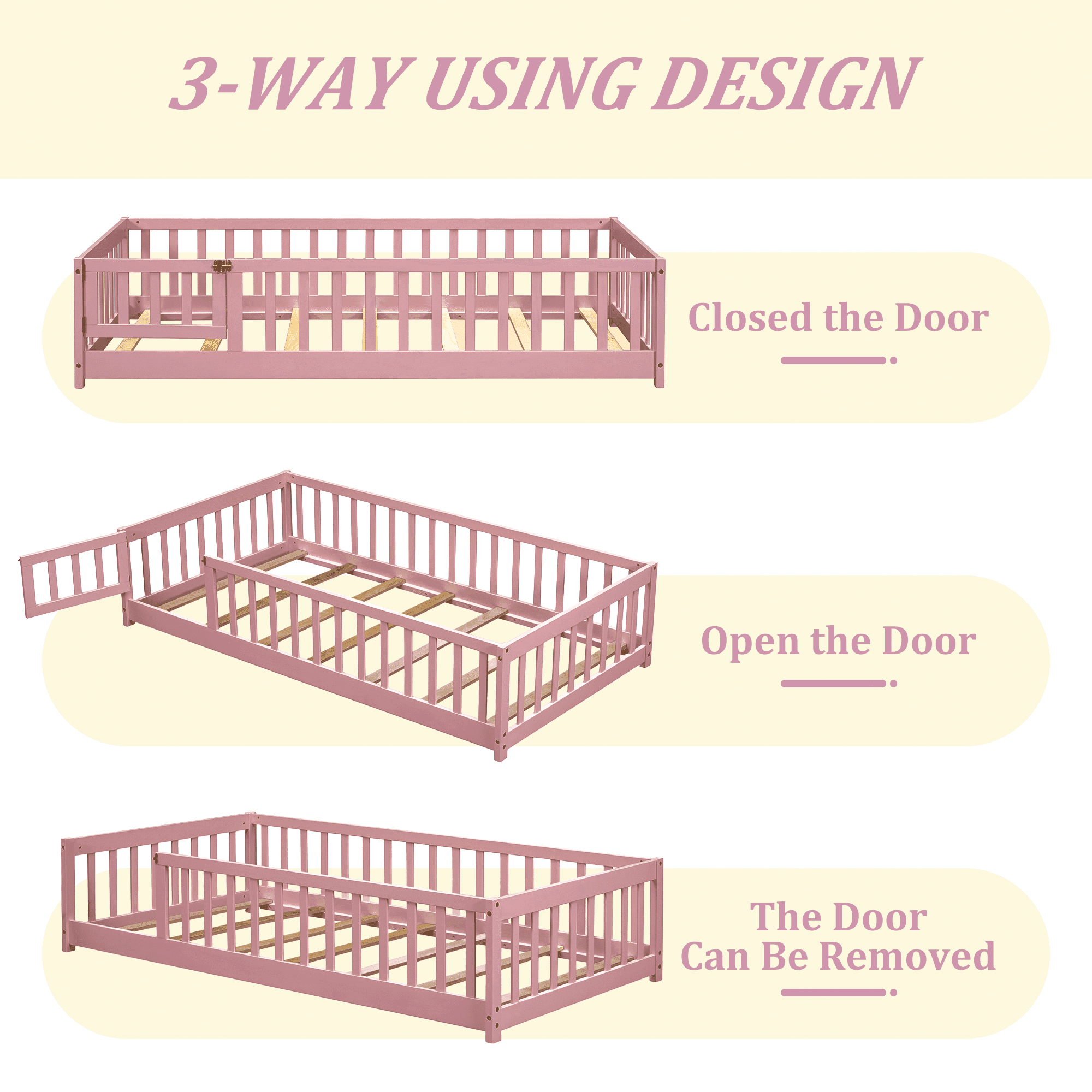 UHOMEPRO Twin Size Floor Bed with Fence and Door, Low Profile Montessori Floor Bed for Crib Transition, Solid Wood Cute Bed Frame with Slats Supports, Easy Assembly, No Box Spring Needed, Pink