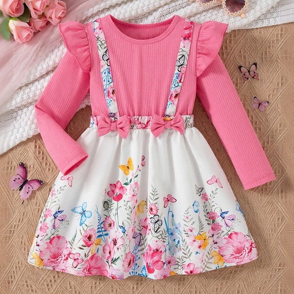 ZHOGXU Big Kids Girls Dress Long Sleeve Round Neck Love Heart Print Bow Design Comfortable Stylish Dresses For Party And Daily Wear Hot Pink 2-3 Years