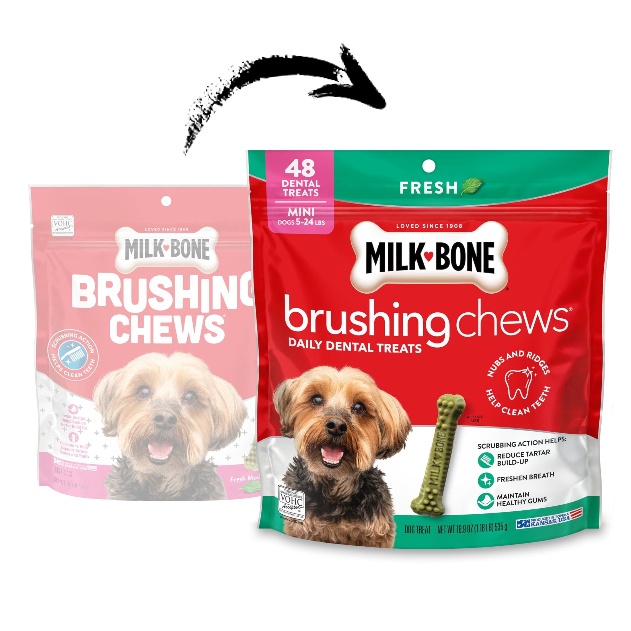 (4 pack) Milk Bone Brushing Chews Fresh Mint Flavor Daily Dental Dog Treats, Mini, 18.9 oz Bag