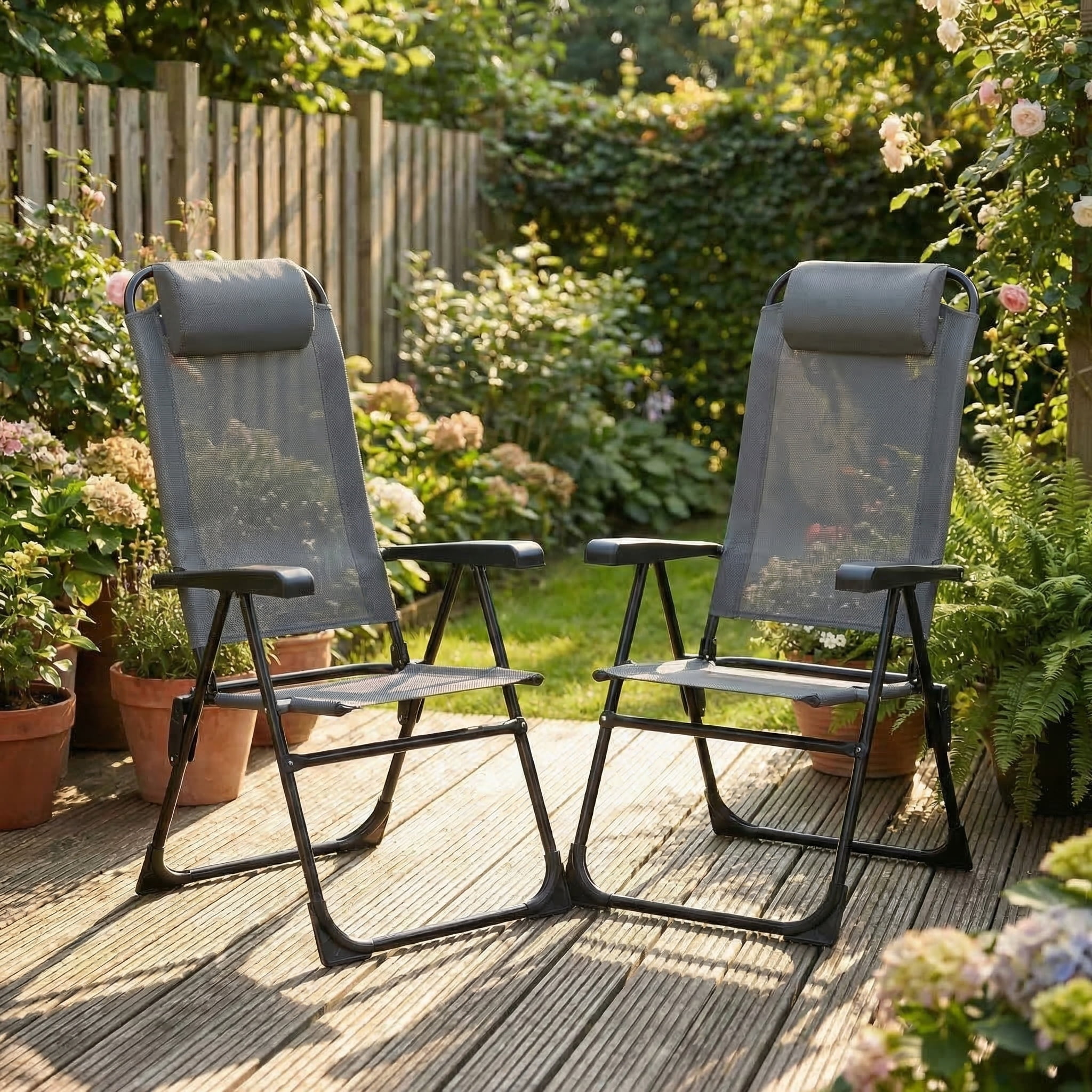 LAZY BUDDY Set of 4 Patio Dining Chairs, Outdoor Portable Folding Chairs with 5-Position Adjustable Backrest, Headrest, High Back Armchair for Poolside, Yard, Lawn