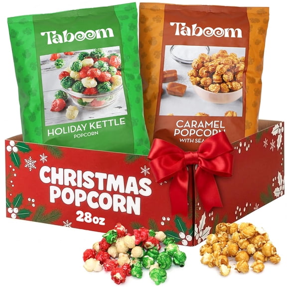 Bulk Gourmet Kettle Popcorn 28 oz, Candy Coated & Caramel with Sea Salt Holiday Popcorn Gift Box for Parties & Treats